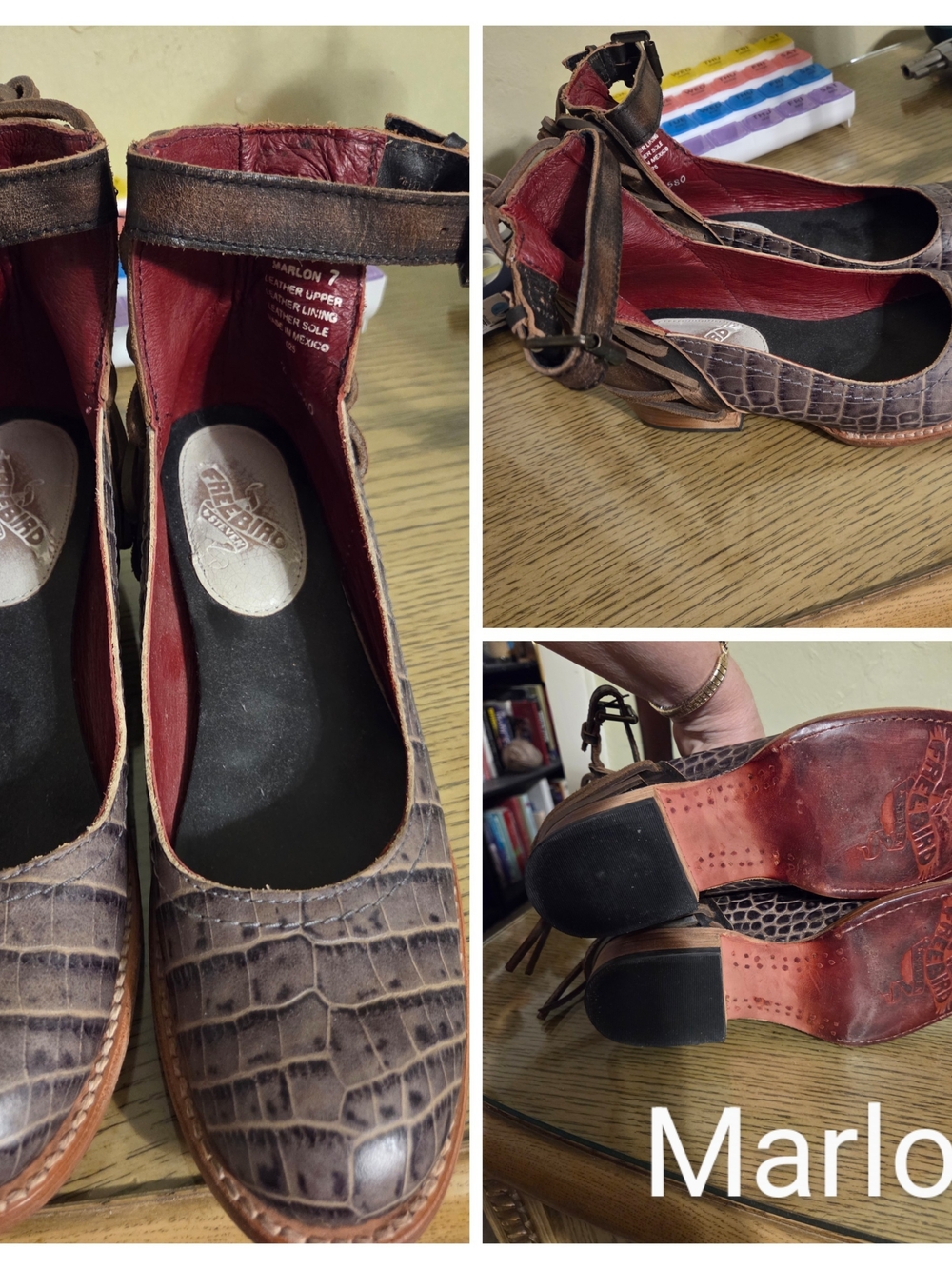 Freebird by Steven Marlon Brown Croc-Embossed Ankle-Strap Flats with Red Lining